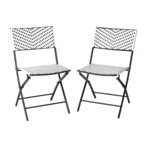 EMMA + OLIVER Ciel Two Piece Folding Bistro Chairs - Black and White PE Rattan - Black Metal Frames - Indoor/Outdoor Use