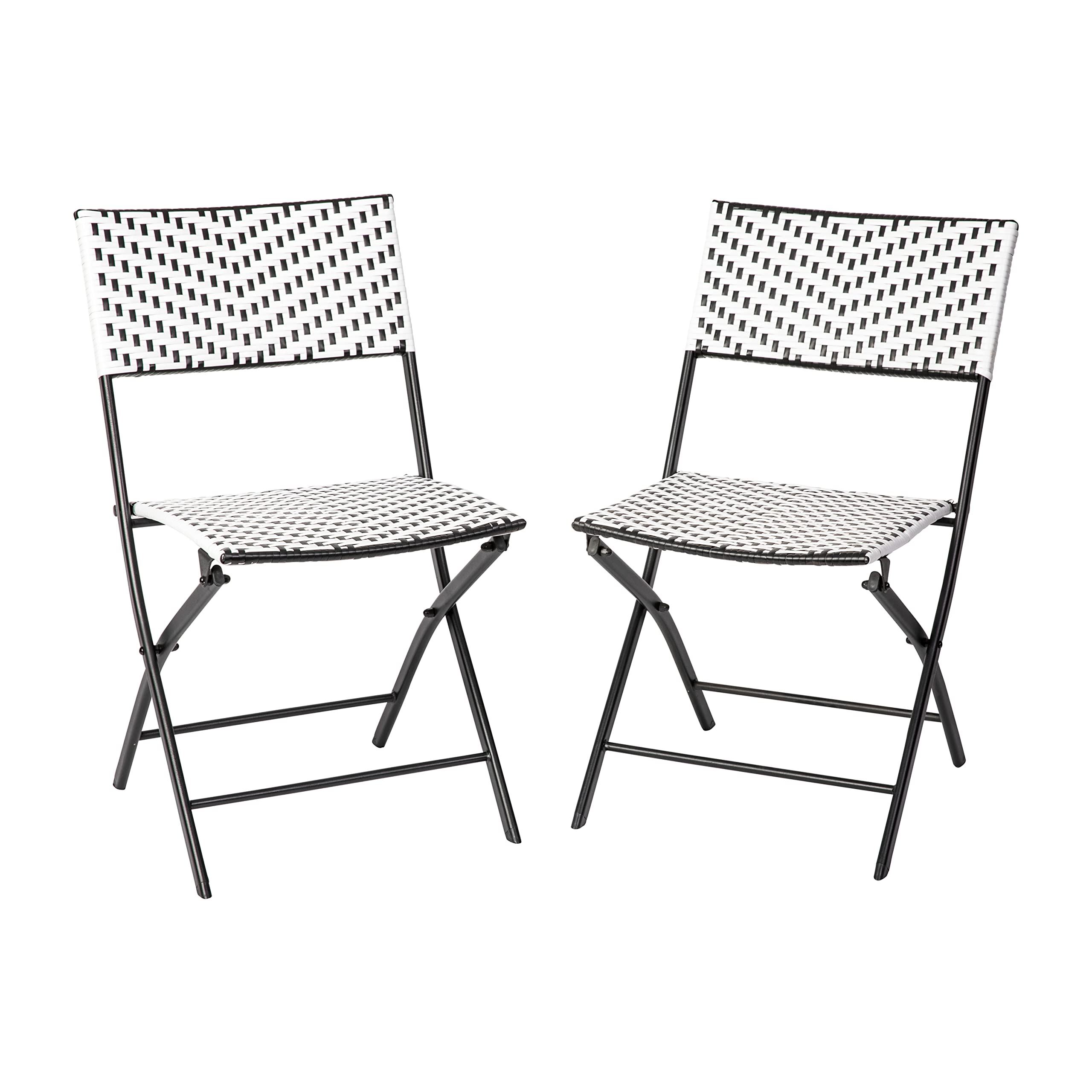 EMMA + OLIVER Ciel Two Piece Folding Bistro Chairs - Black and White PE Rattan - Black Metal Frames - Indoor/Outdoor Use