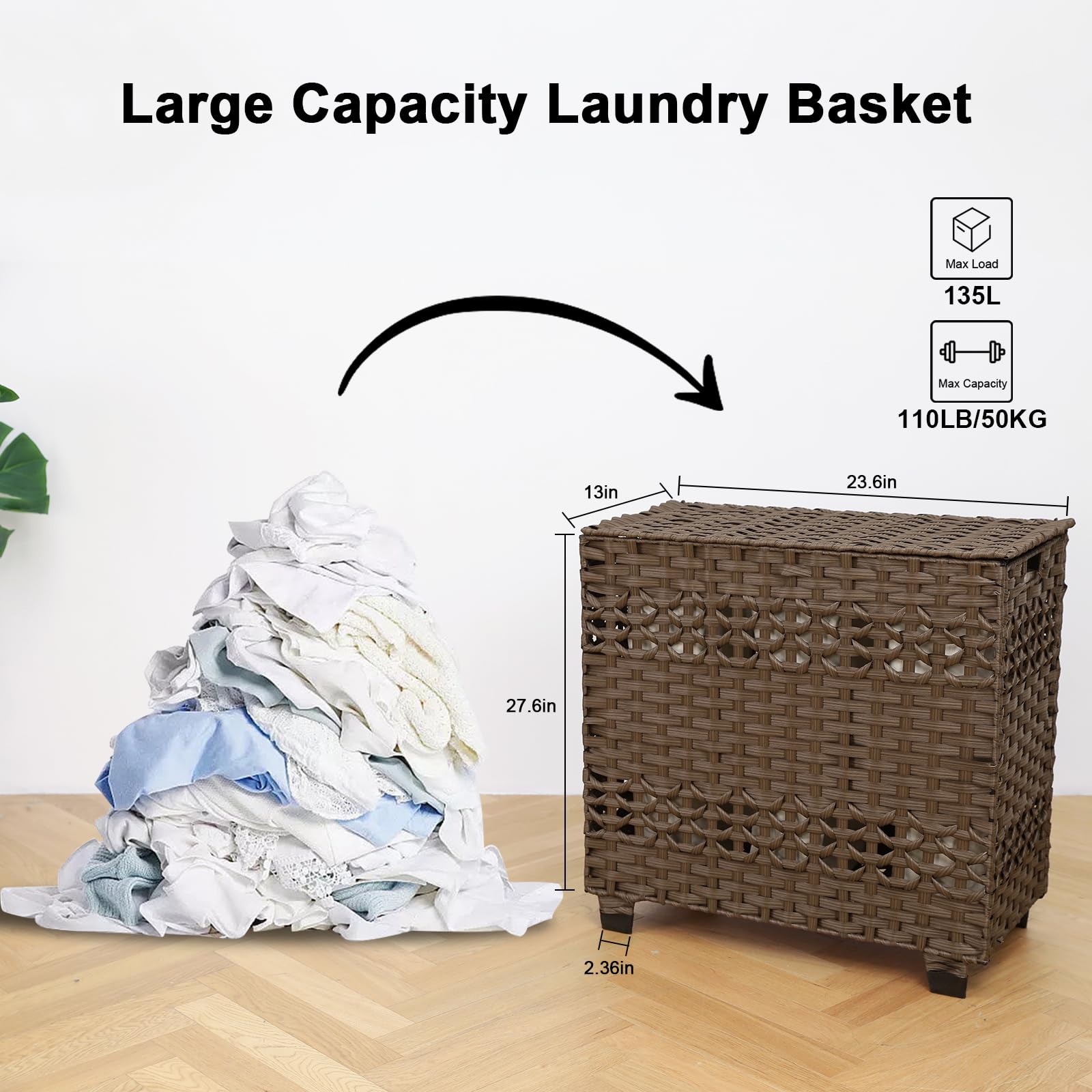 OIAHOMY Laundry Hamper with Lid, 140L Clothes Hamper with 3 Removable Liner Bags, Foldable Hamper with Lid, Synthetic Wicker Laundry Hamper for Bedroom, 27x 13 x 26 Inches, Brown