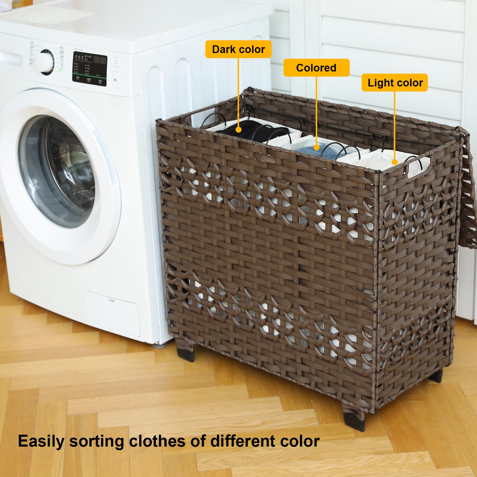 OIAHOMY Laundry Hamper with Lid, 140L Clothes Hamper with 3 Removable Liner Bags, Foldable Hamper with Lid, Synthetic Wicker Laundry Hamper for Bedroom, 27x 13 x 26 Inches, Brown