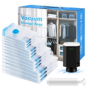 vacuum storage bags with cordless powerful electric air pump,15 pack (3 jumbo/3 large/3 medium/3 compact/3 small) reusable space saver bags,vacuum seal bags for travel, clothes,compression sealed bags