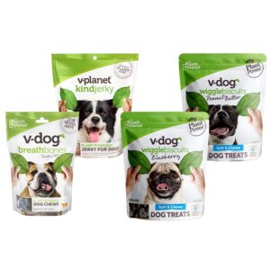 v-dog treat bundle for large dogs | 100% vegan jerky treats | vegan soft and chewy dog biscuits (natural blueberry natural peanut butter) | vegan breathbone teeth cleaning dental bones