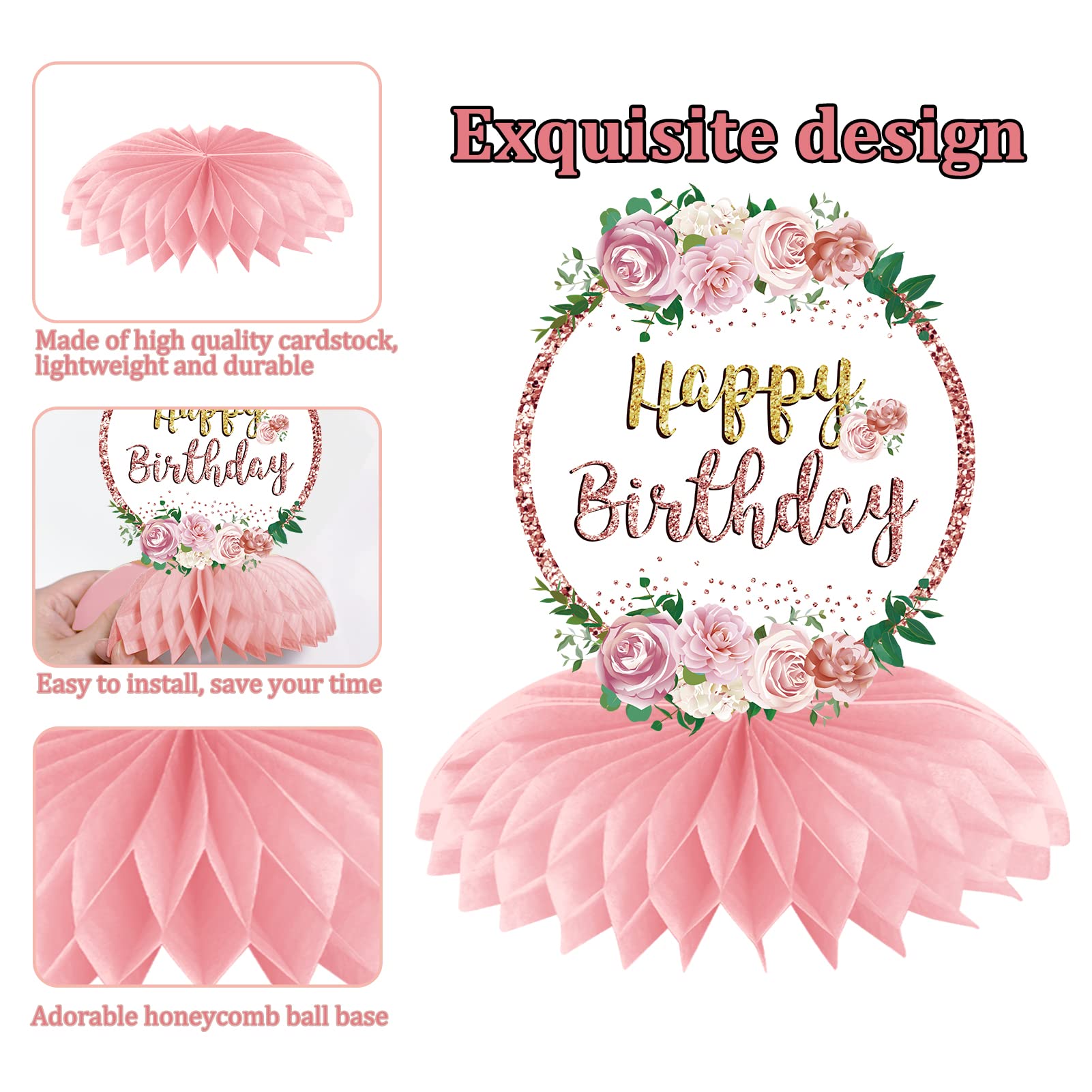 Aodocuto Pink Rose Gold Birthday Decorations Floral Honeycomb Centerpieces for Women Girls, 8pcs Floral Birthday Table Centerpieces Party Supplies, 16th 18th 21th 30th 40th 50th 60th Bday Table Topper