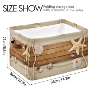 DEHOZO Storage Basket Bins, Wooden Seashells Starfish Beach Collapsible Storage Cubes Organizer with Handles, Closet Shelves Clothes Storage Box Toys Organizer for Bedroom Living Room, 2pcs