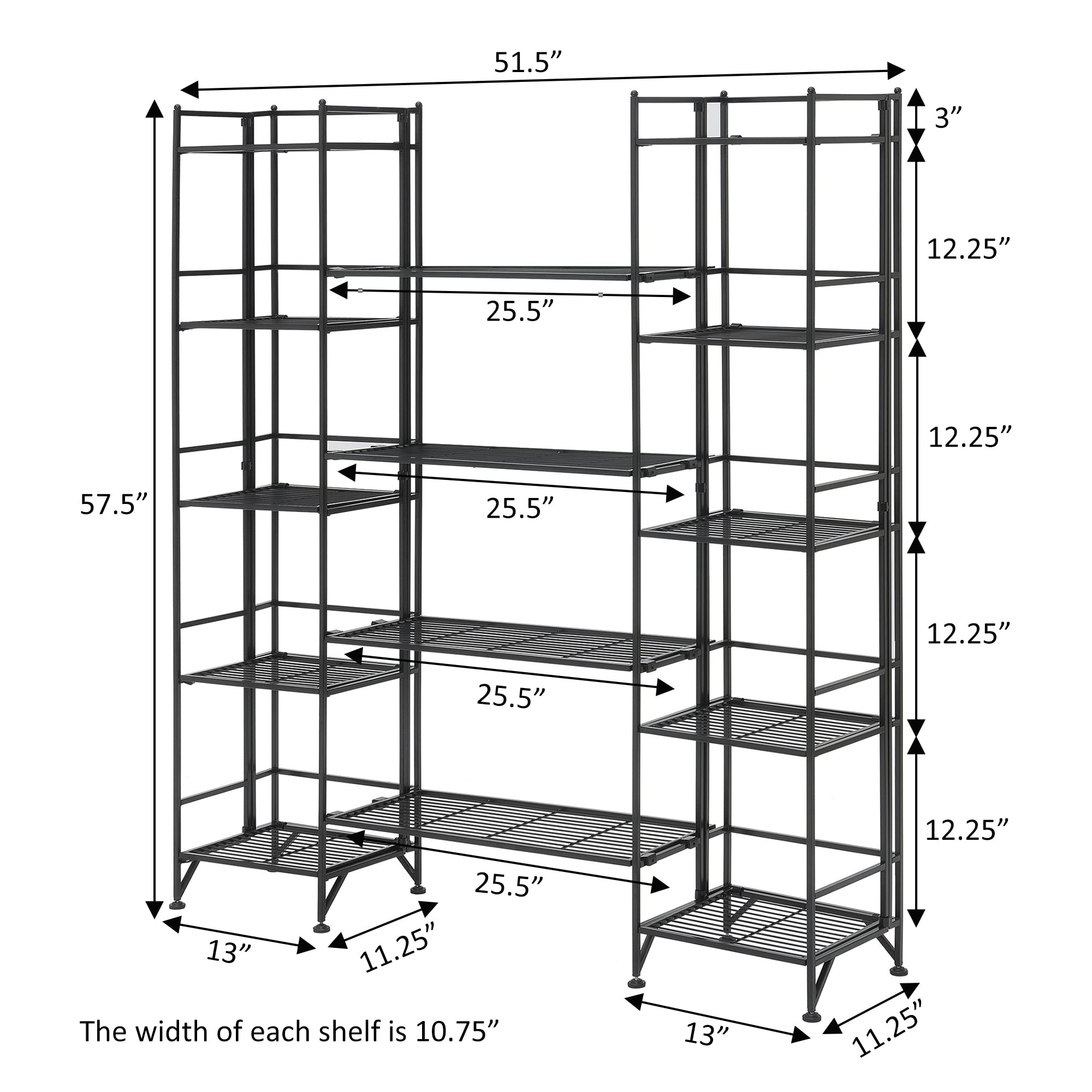 Convenience Concepts Xtra Storage Shelves - 5 Tier Folding Metal Shelving with Set of 4 Extension Shelves - Modern Shelves for Storage and Display in Living Room, Bathroom, Office, Black