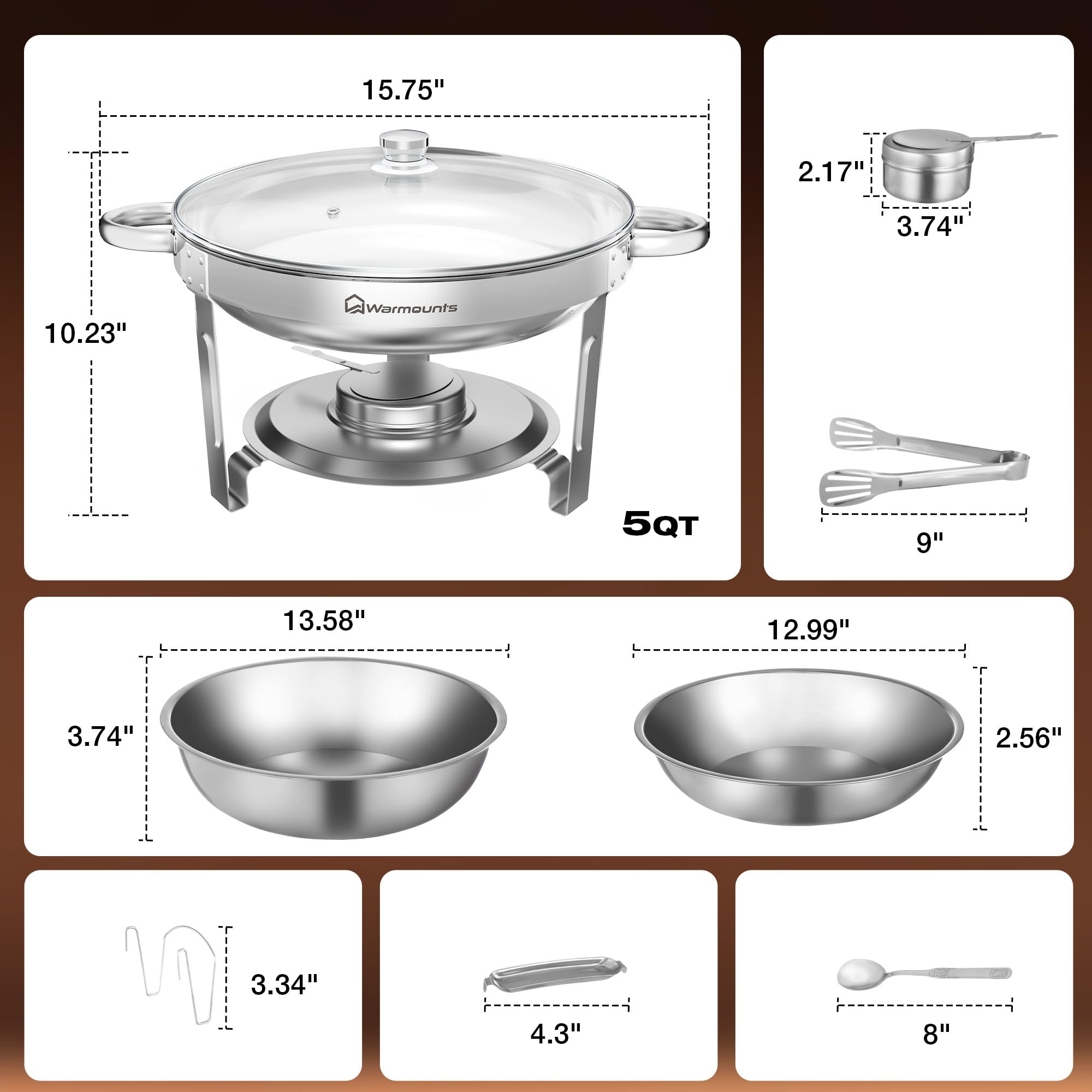 WARMOUNTS 4-Pack Chafing Dish Buffet Set, 98% Assembled 5QT Round Buffet Servers No Assembly Warmers Set, Stainless Steel Catering Food Warmer with Glass Lid & Holder for Party