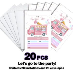 Ice Cream Truck Birthday Party Invitations is a Sweet One 1st Birthday Party Invitation, Summer Ice Cream Theme Fill in Invites Cards, Birthday Party Supplies, 20 Invitations with Envelopes - JY700