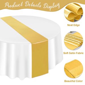 12 Pack 12x108 Inch Satin Table Runner and 84 Inch Round Plastic Tablecloths Set White and Gold Disposable Round Table Cover for Graduation Wedding Bridal Shower Anniversary Birthday Party Decorations