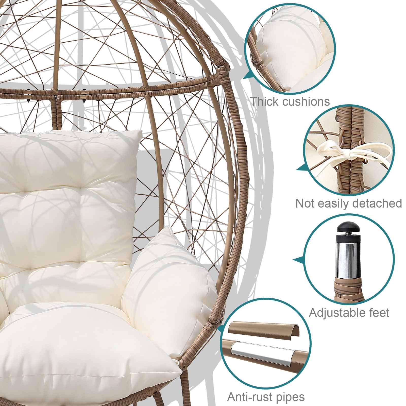 FKSLIFE Wicker Egg Chair with Stand Cushion Outdoor Indoor Lounger Egg Basket Chair for Living Room, Backyard, Balcony, Patio (Beige)