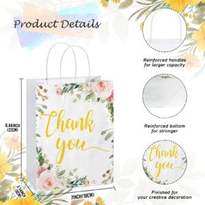 50 Pcs Thank You Gift Bags Floral Design, 8.66x7x3.14" Thank You Kraft Paper Bags with Handle for Wedding, Birthday, Business, Shopping, Baby Showers, Party Favor, Memorial Day, Graduation, Party