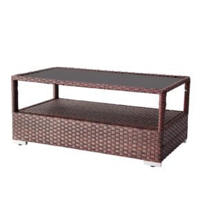 DIMAR GARDEN Outdoor Coffee Table Wicker Patio Rattan Side Table with Glass Top and Storage Shelf,40in Mixed Brown