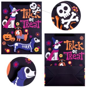 LeZakaa 13" Black Gift Bag with Tissue Paper, Gift Tag and Card, Skeleton Dog Design for Halloween, Holiday, Trick or Treat Party