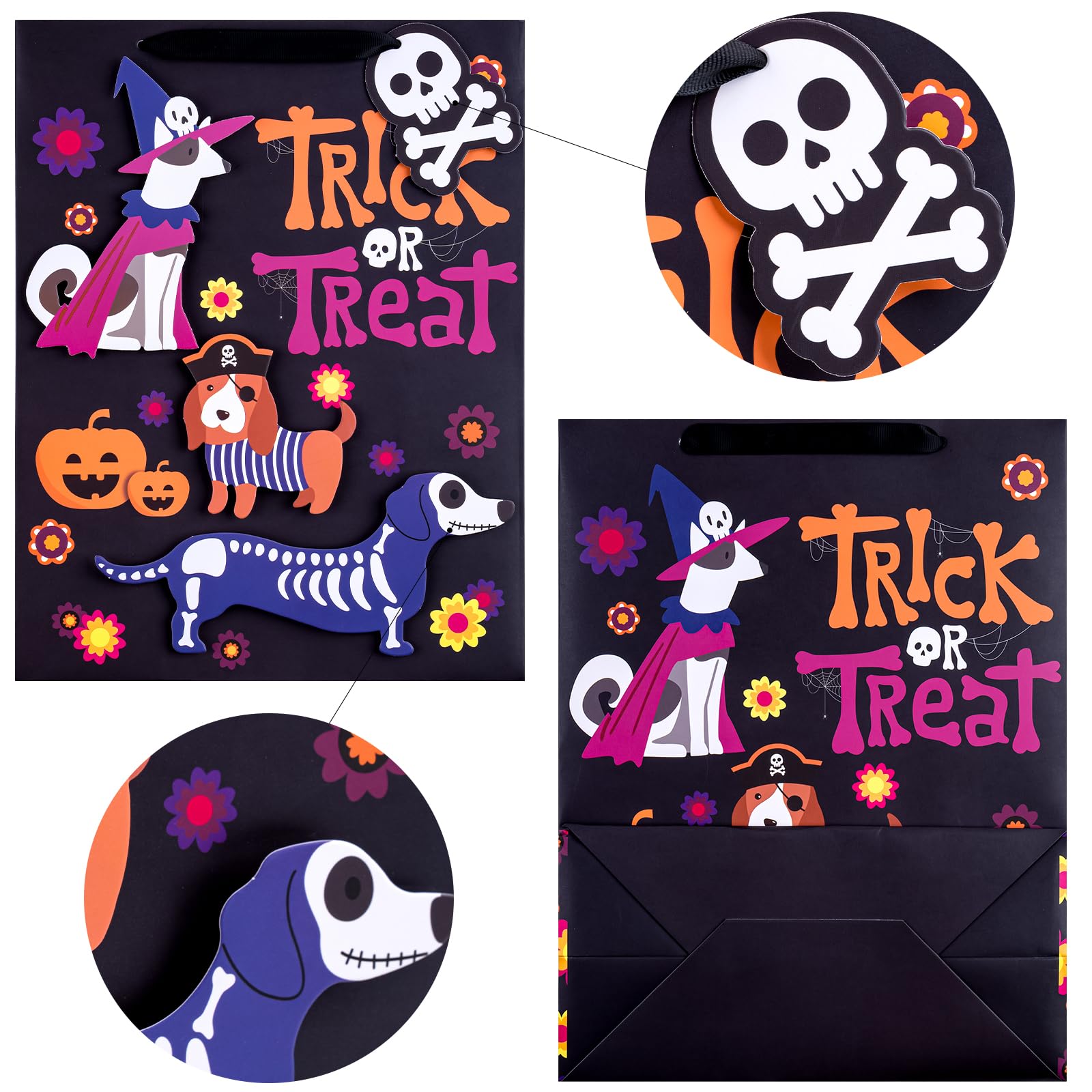 LeZakaa 13" Black Gift Bag with Tissue Paper, Gift Tag and Card, Skeleton Dog Design for Halloween, Holiday, Trick or Treat Party