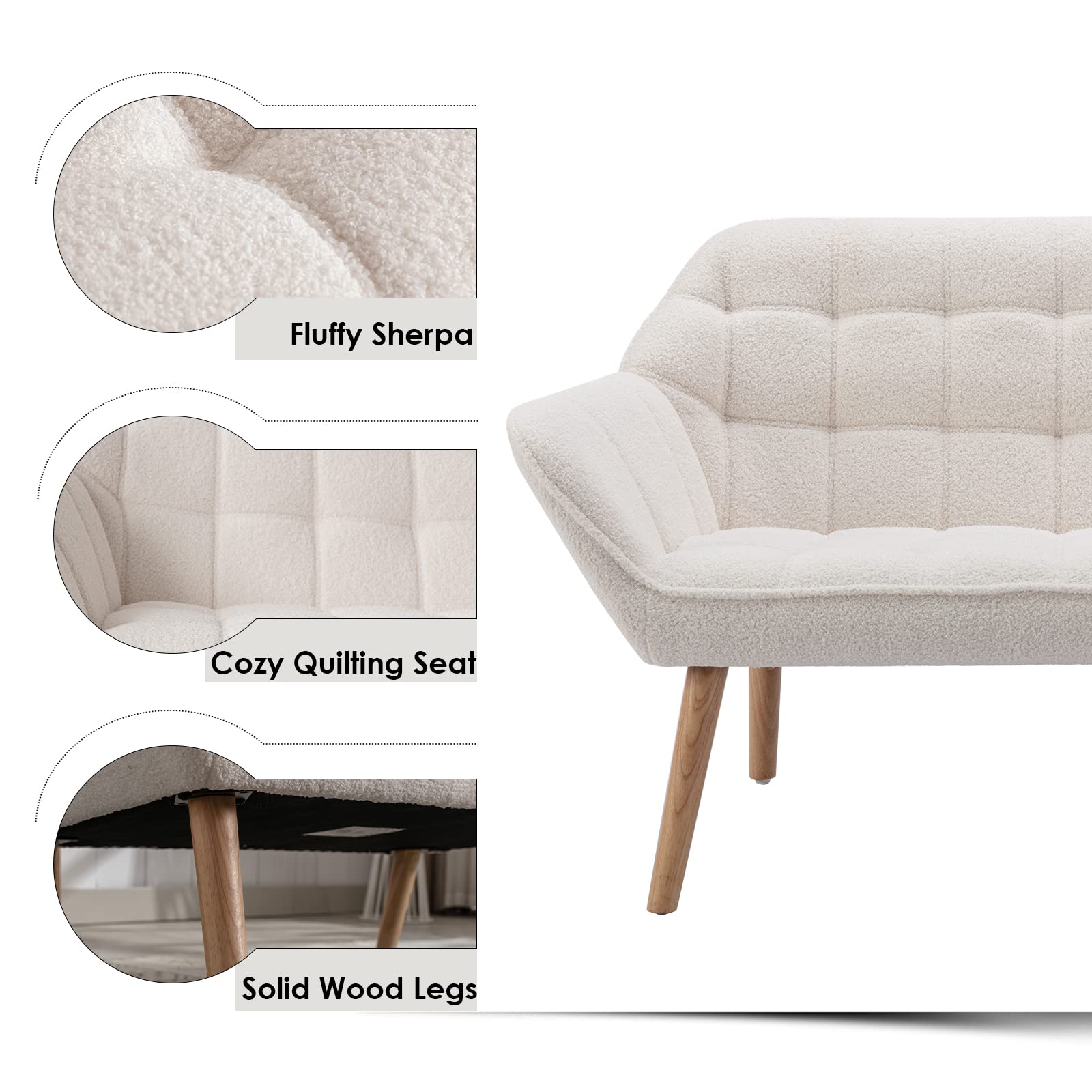 Guyou Small Loveseat for Bedroom 2-Seat Mini Sofa Couch with Wingback and Wood Legs for Living Room Apartment Small Space Fluffy Love Seat, White Sherpa