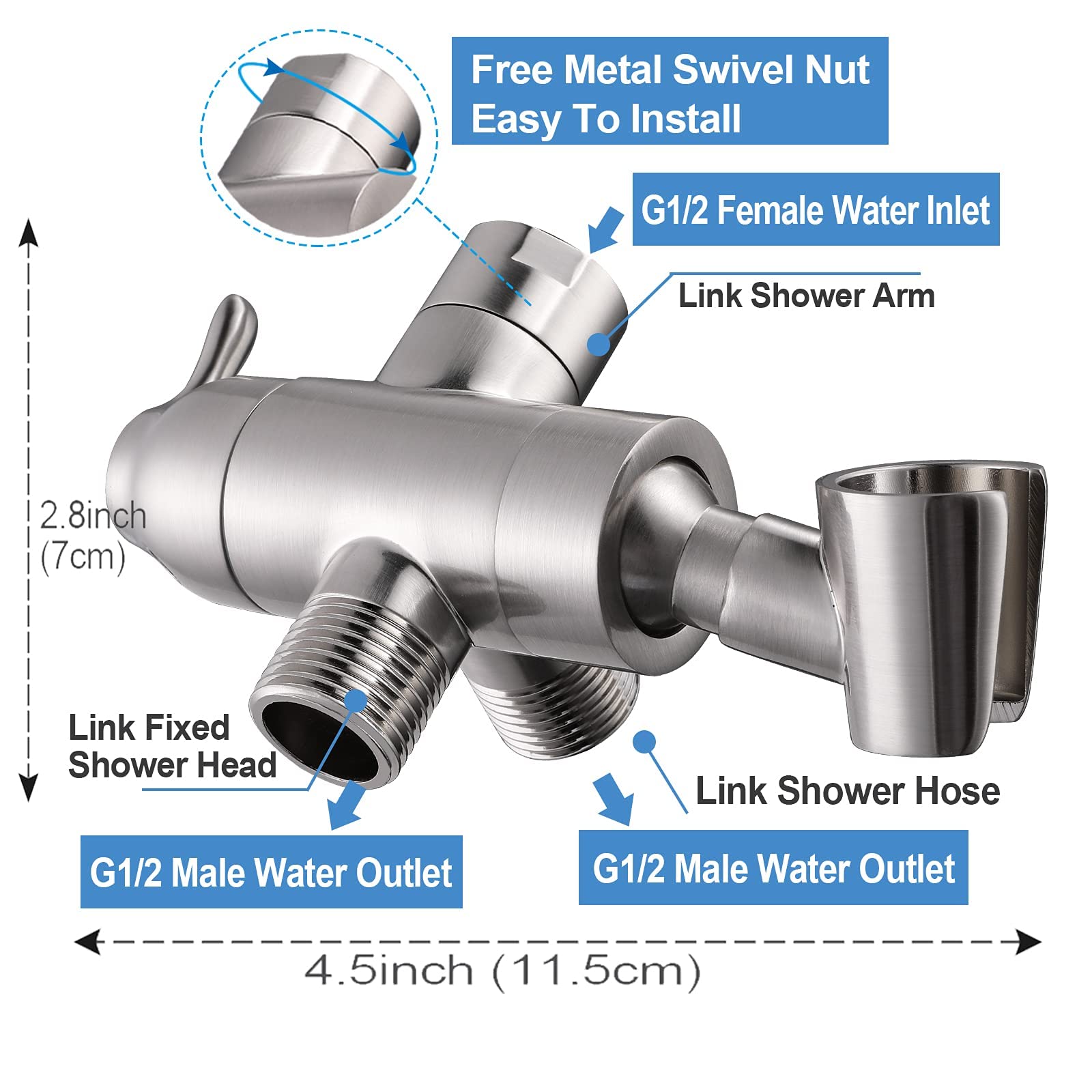 YDmeet Shower Head Holder for Handheld and 3-Way Shower Diverter Valve with Rotation Handheld Mount, All Metal Brass, Brushed Nickel