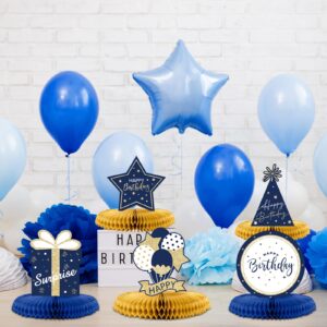 DECORLIFE 9PCS Blue Gold Birthday Table Decorations, Happy Birthday Honeycomb Centerpieces for Kids Men and Women Birthday Party Supplies