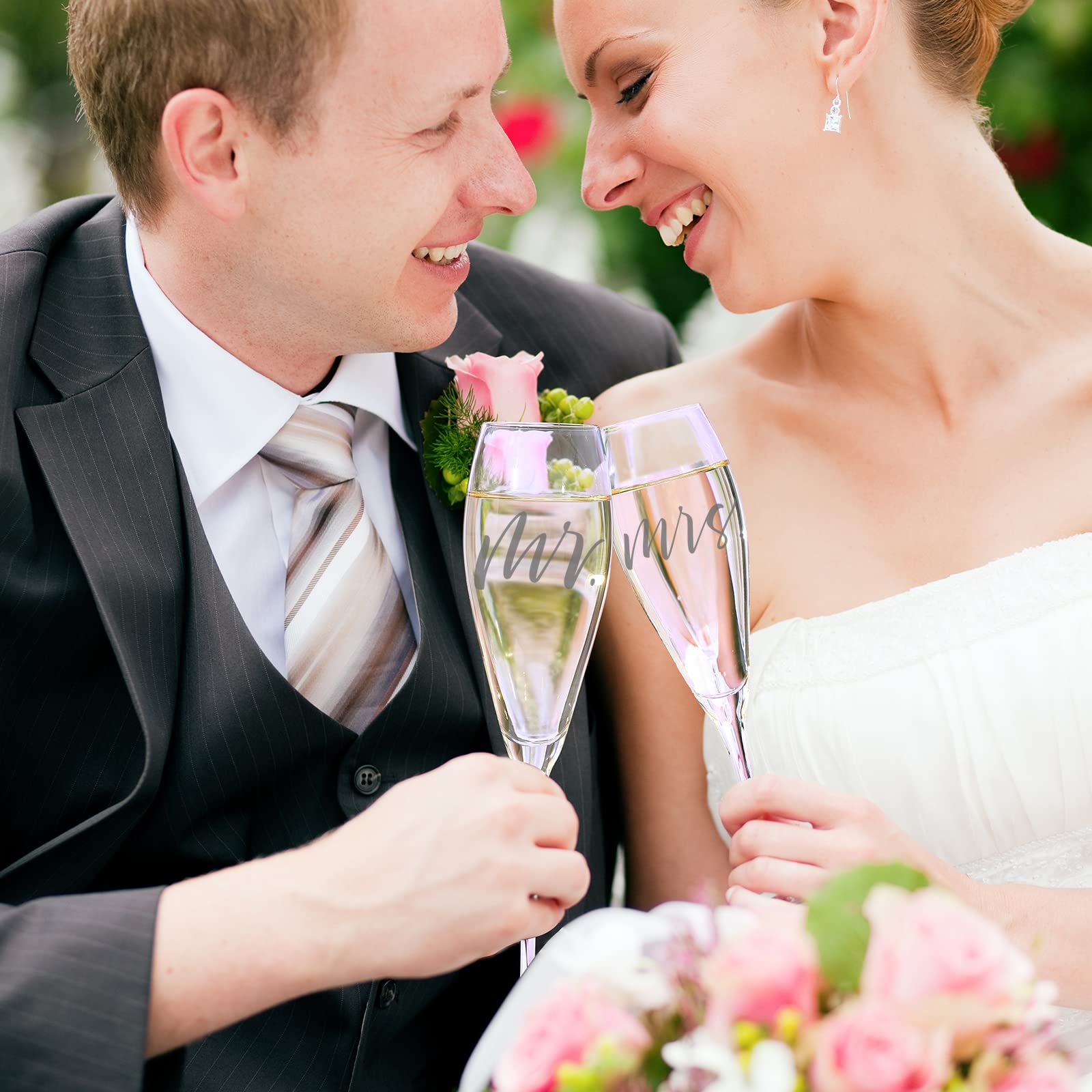 YULVINE Engraved Mr and Mrs Champagne Flutes Wooden Sign,Wedding Toasting Glasses for Bride and Groom,Cake Knife and Server Set Just Married Banner for Couple Reception Ceremony