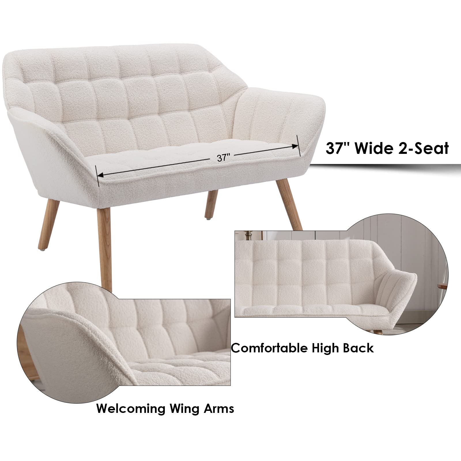 Guyou Small Loveseat for Bedroom 2-Seat Mini Sofa Couch with Wingback and Wood Legs for Living Room Apartment Small Space Fluffy Love Seat, White Sherpa