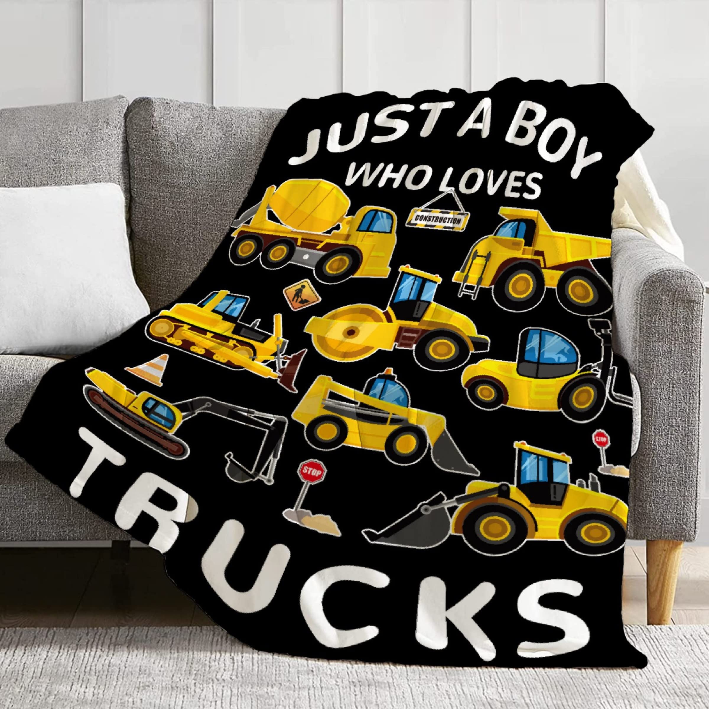 Truck Blanket Gifts 40 x 50 Inch for Kid,Just A Boy Who Loves Trucks Throw Blanket Fannel,Fleece Super Soft Travel Throw Blanket for Bed Couch Sofa