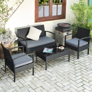 COSTWAY 4PCS Patio Rattan Furniture Set, Outdoor Wicker Conversation Set with Tempered Glass Coffee Table, Seat Cushions, Ideal for Poolside Balcony Porch Backyard