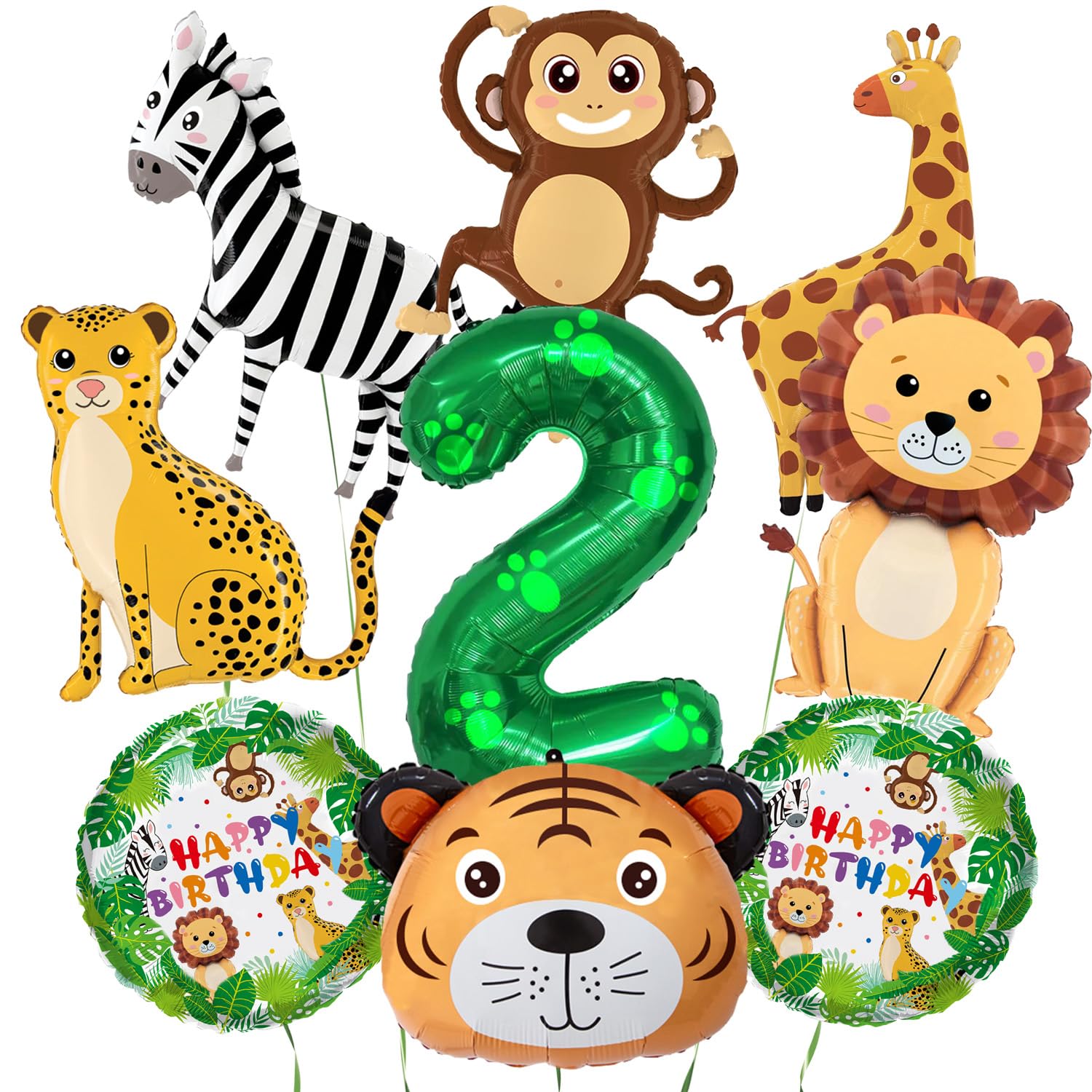 Jungle Animal Balloons, Safari Birthday Decorations, Large 40in Number 2 Balloon, Cute Smile Animal Balloons, for Boys Girls 2 Years Old Birthday, Jungle Safari Theme Party