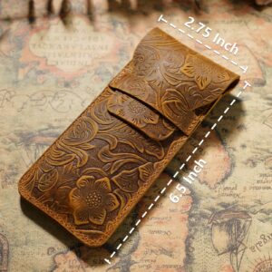 Q1T5 Handmade Genuine Leather Pen Pouch, Vintage Pencil Carrying Sleeve Crazy Horse Leather Pen Protective Bag Carving Style Brown