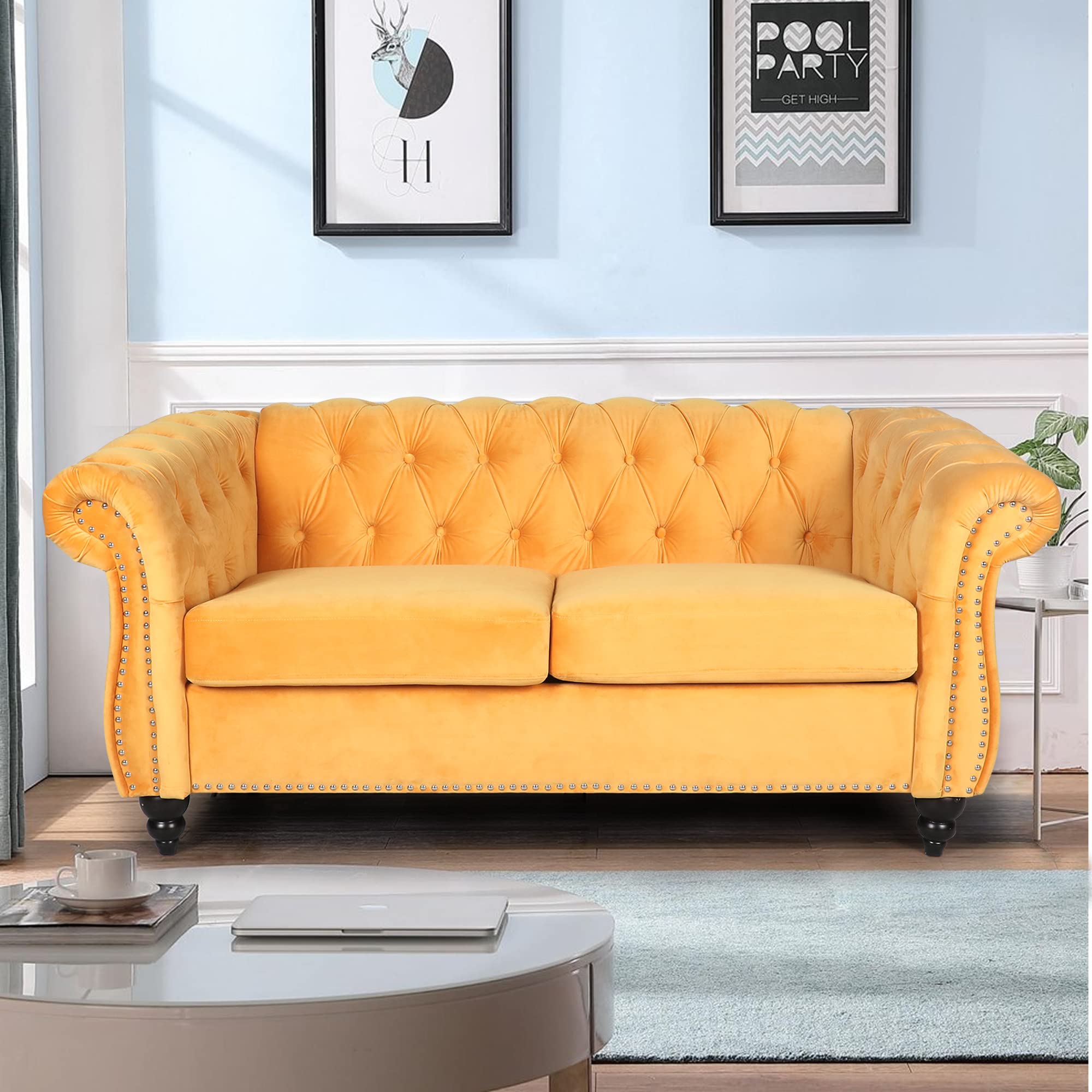 LEVNARY Velvet Sofa, Chesterfield Tufted Upholstered 2 Seater Couch, Modern Loveseat Couch Classic Furniture for Living Room Bedroom (Yellow)