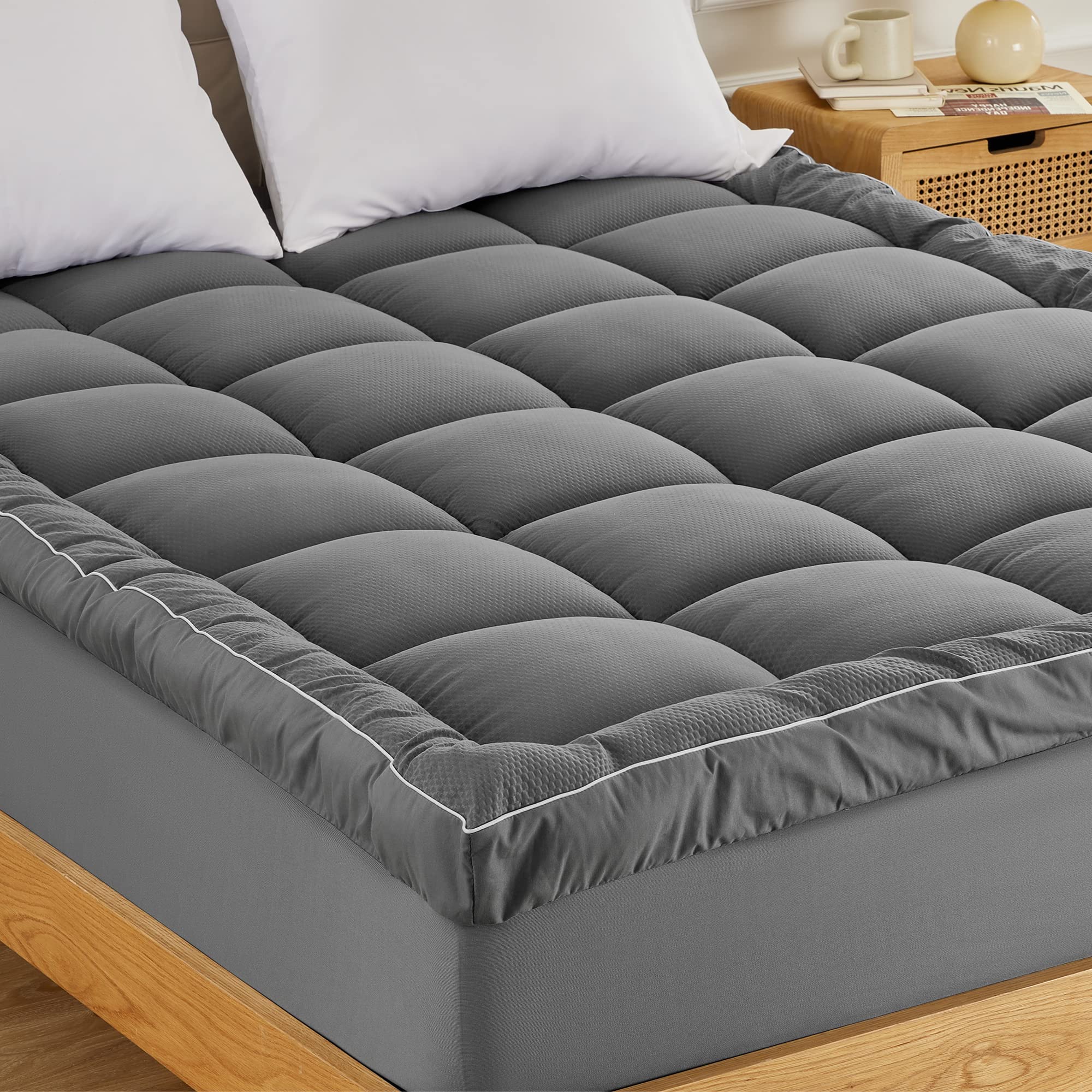 SONIVE Pillow-Top Mattress Topper Ultra Thick Fluffy Soft Topper Box Quilted pad Breathable Noiseless Hotel Quality with Premuim 1000gsm Alternative Filling, Grey Full