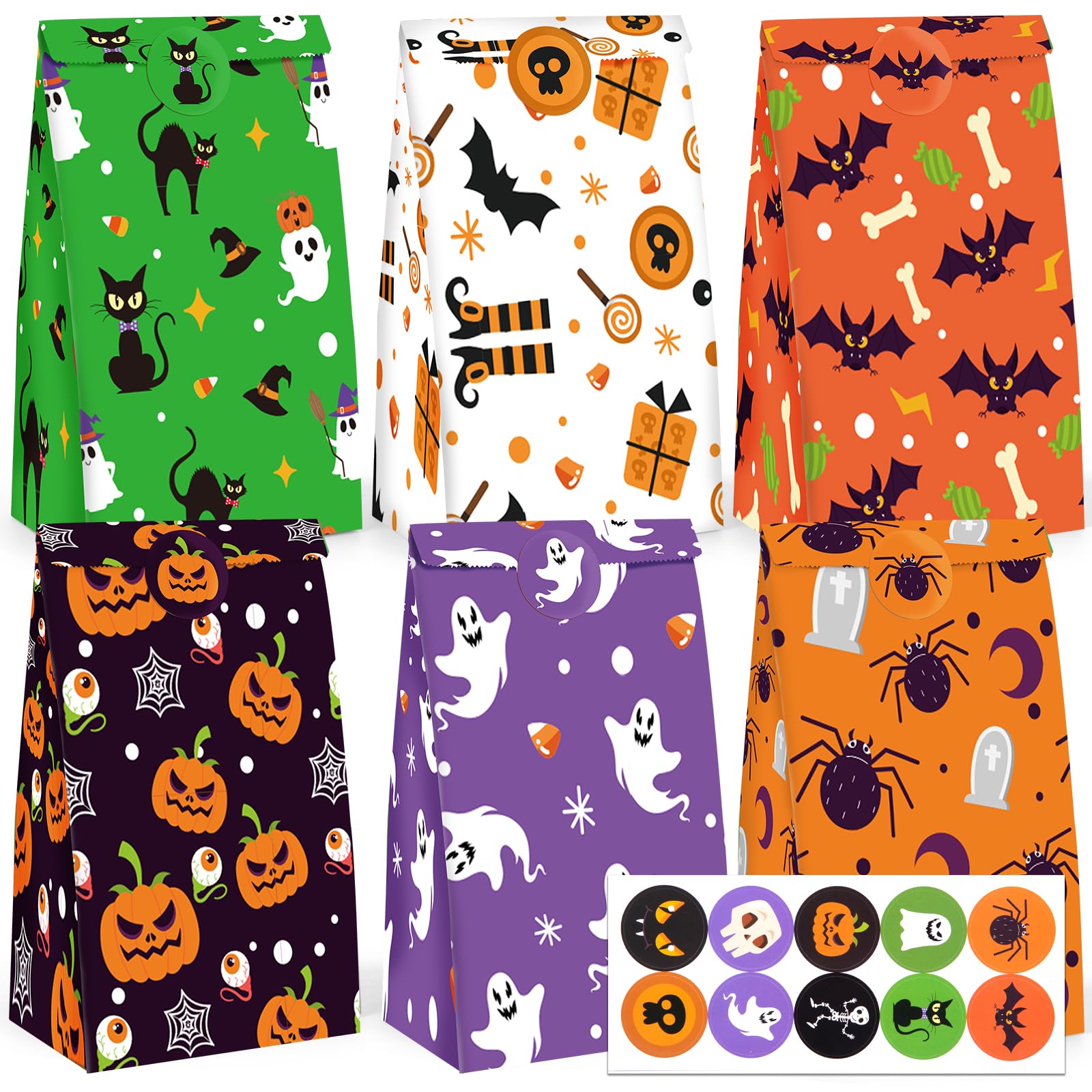 TOXOY 40PCS Halloween Candy Paper Bags, Halloween Treat Bags Goodie Bags Party Favor Bags with Sealing Stickers for Halloween Party Trick or Treat