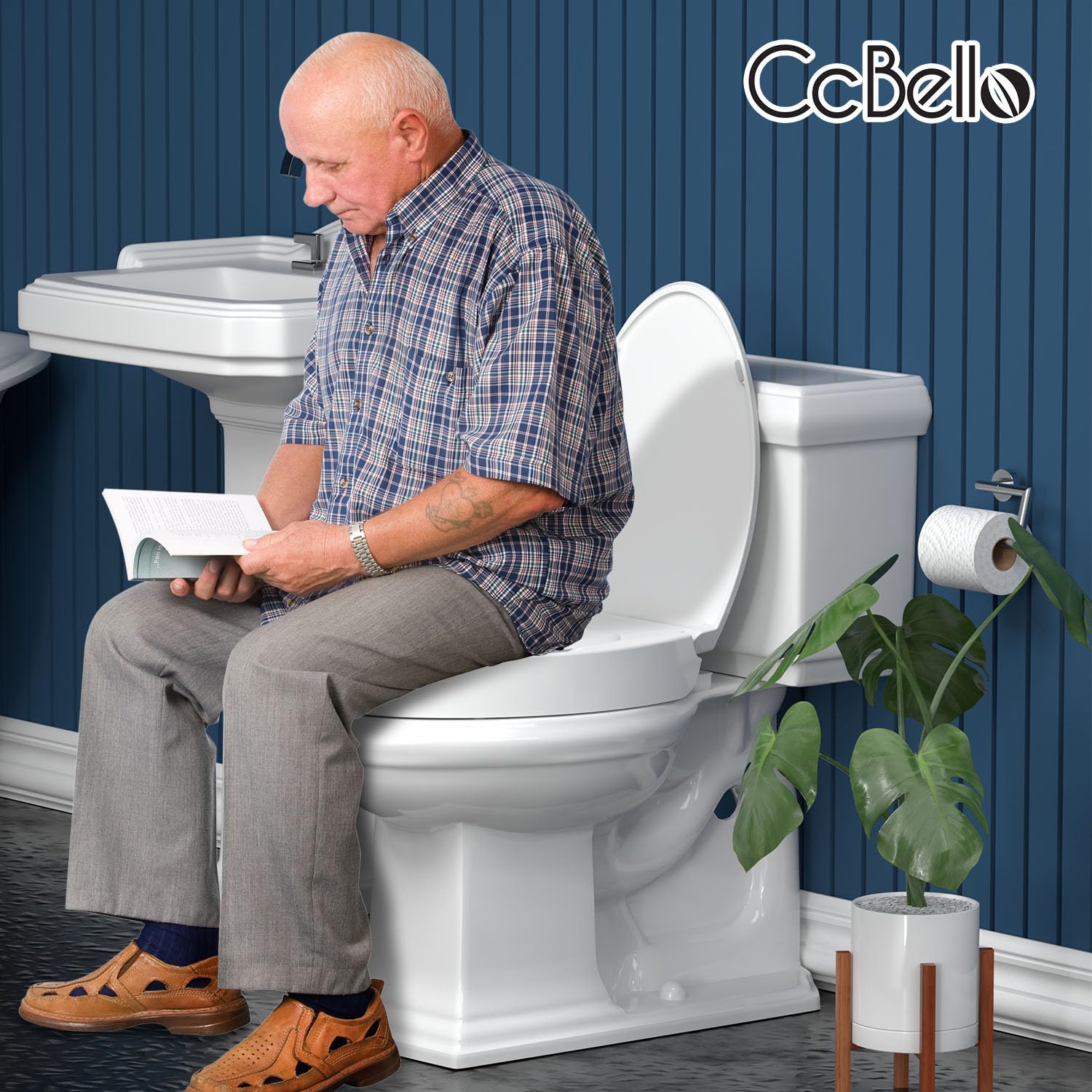 Ccbello ELONGATED toilet seat risers for seniors, Slow Close, Elevated toilet seat, Heavy Duty, Never Loosen, Raised toilet seat elongated bowl, White(18.5”)