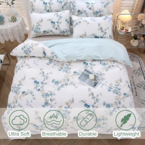 URBONUR Blue Floral Duvet Cover Set Queen Size 100% Cotton 3 Pieces Bedding Comforter Cover with Button Closure Birds on White Comforter Cover Sets, Soft Cooling Duvet Cover Queen