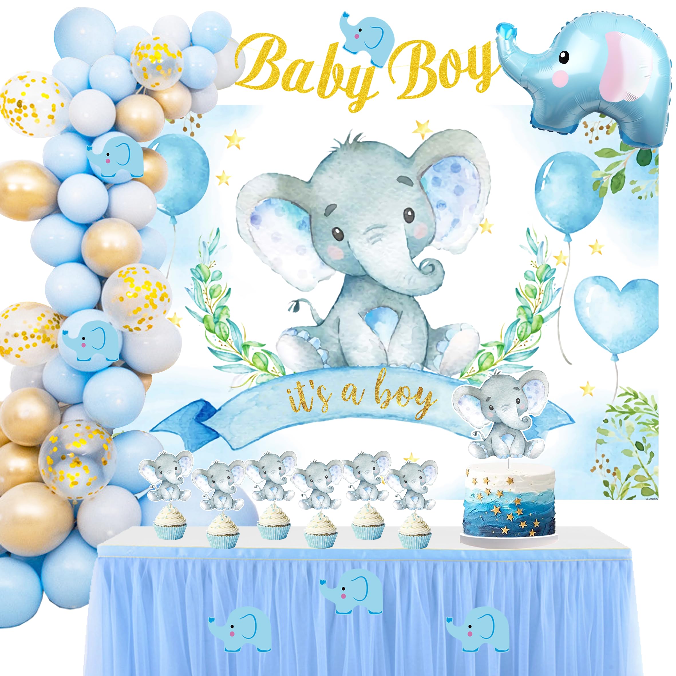 Blue Elephant Baby Shower Decorations for Boy, Baby Boy Shower Supplies, It's a boy Backdrop Banner Balloon Arch Kit Cake Topper Cupcake Topper Cutout for Baby Shower Decorations for Boy