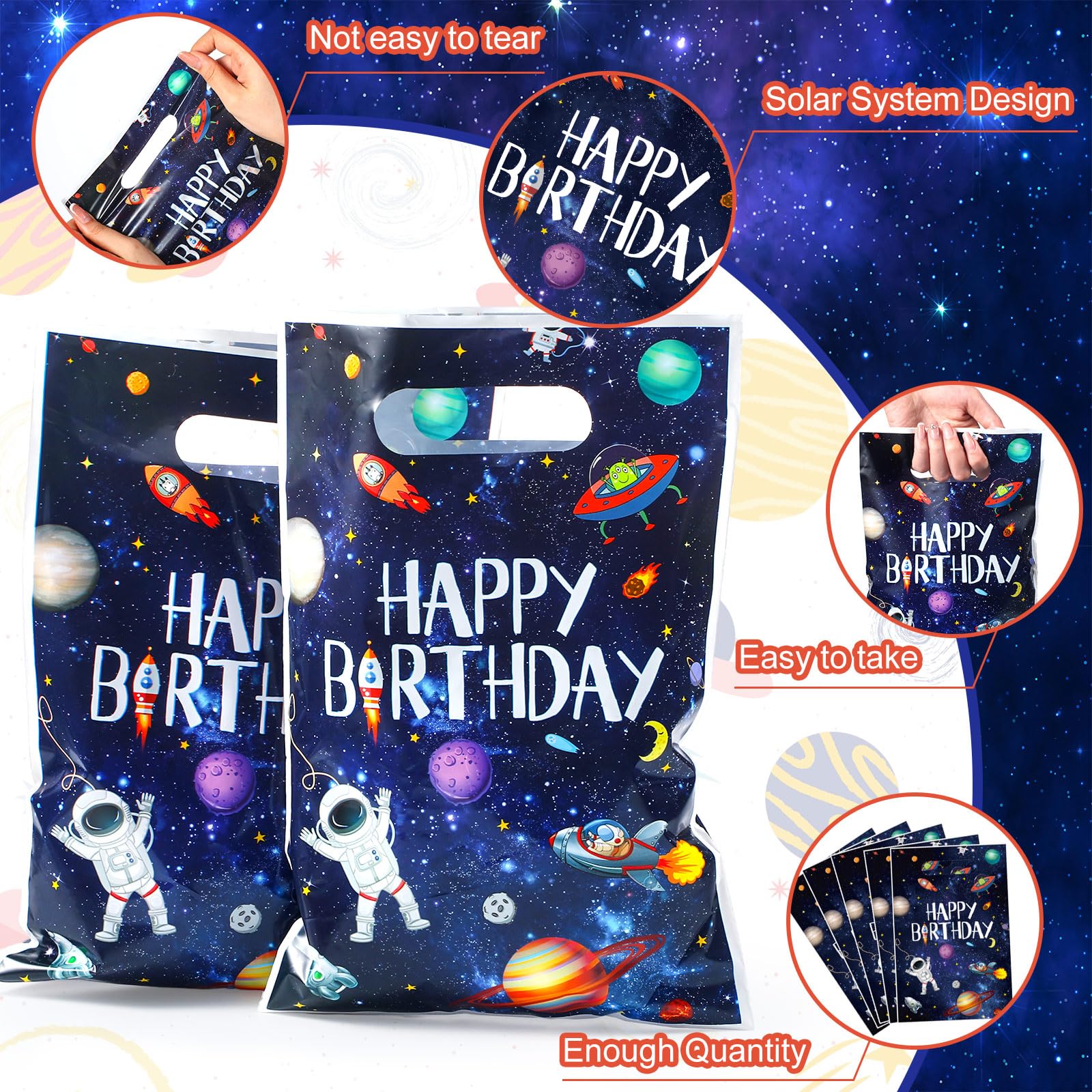 Bokon 50 Pcs Outer Space Birthday Bag Bulk Galaxy Plastic Gift Bags with Handle Planet Party Favor Bags Solar System Astronaut Candy Bags for Kids Birthday Space Theme Party Bags Supplies