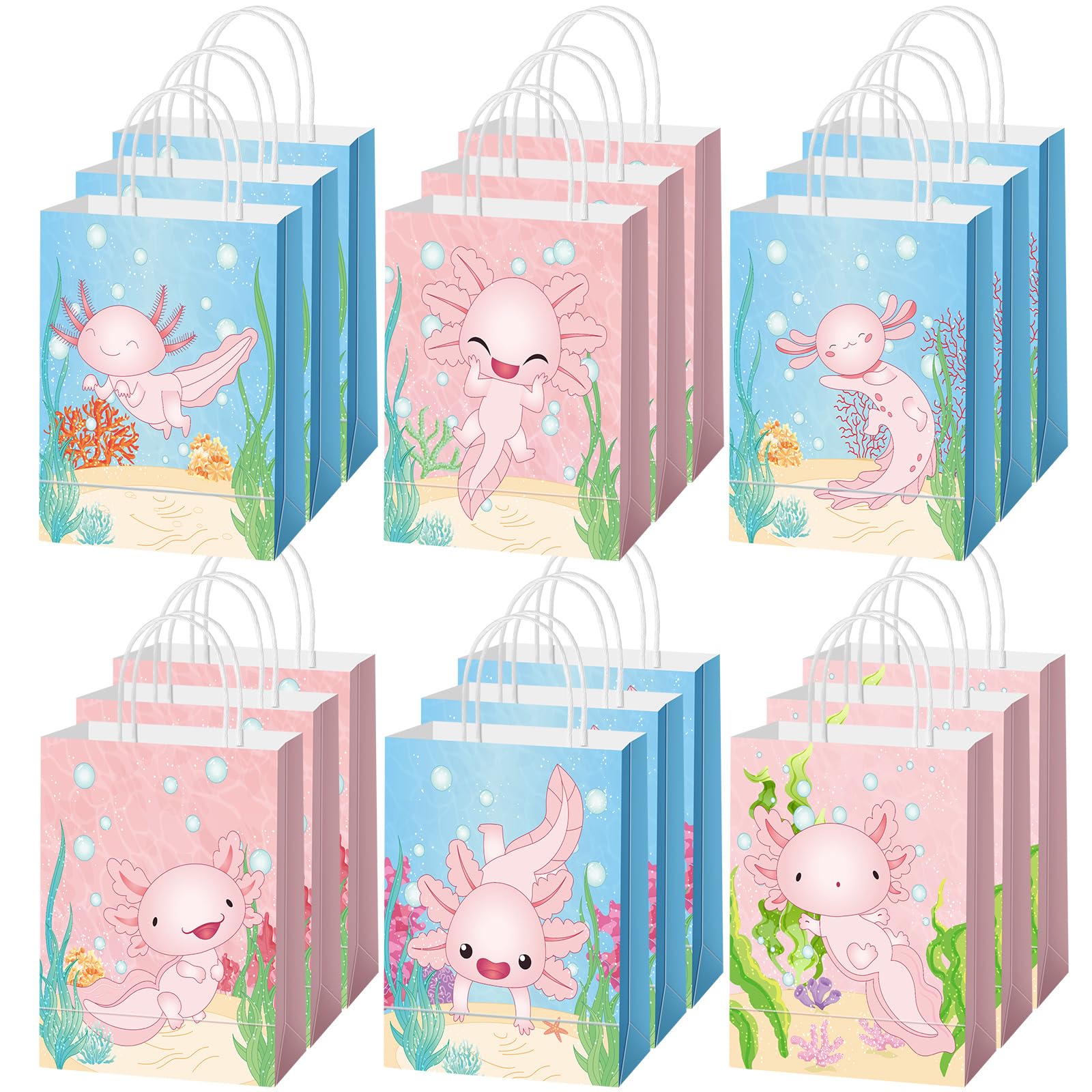 Sumind 24 Pcs Axolotl Party Favor Bags Axolotl Gift Bags Amphibian Themed Waterproof Goodie Bags with Handles for Girl Birthday Baby Shower Party Decorations, 6 Styles