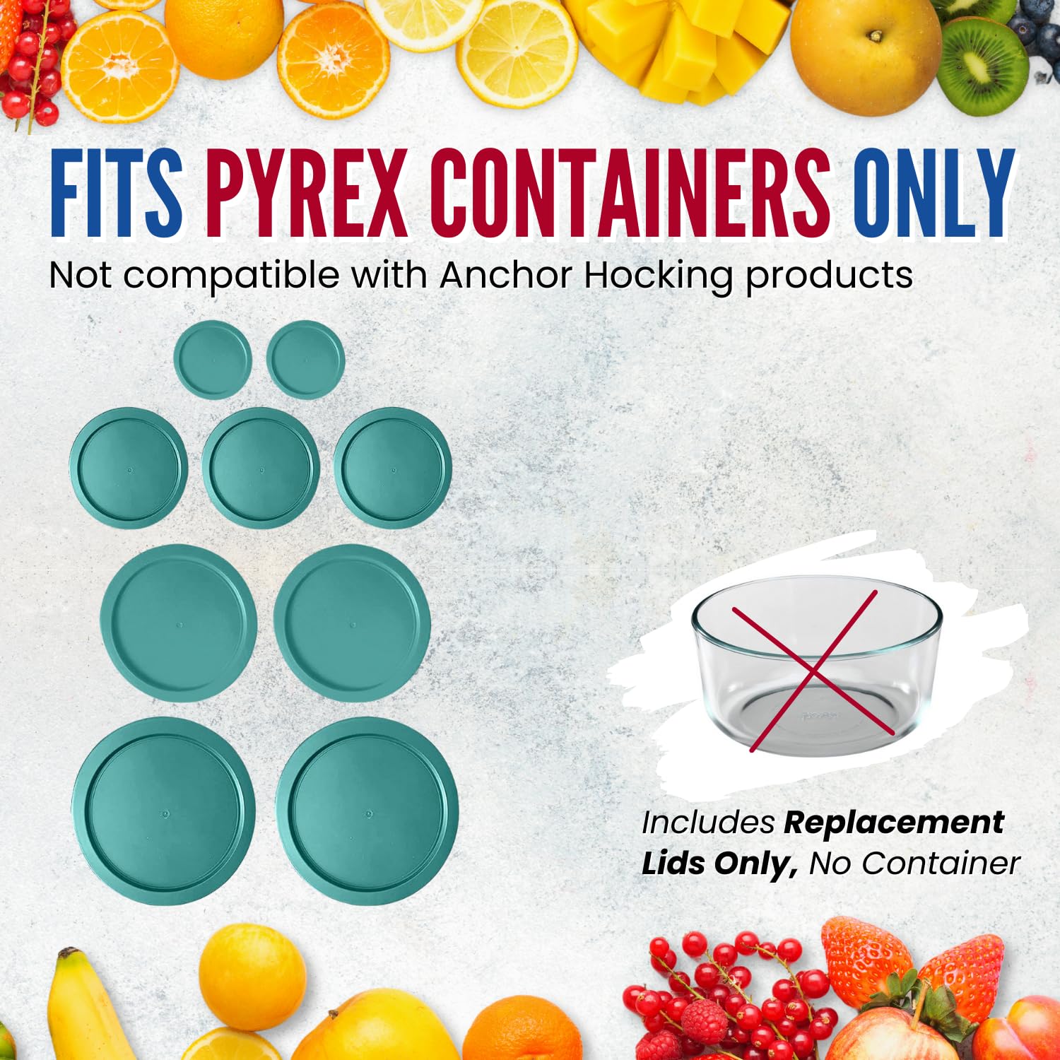 Replacement Lids for Pyrex Containers (2) 1-Cup (3) 2-Cup (2) 4-Cup (2) 7-Cup (Turqoise)