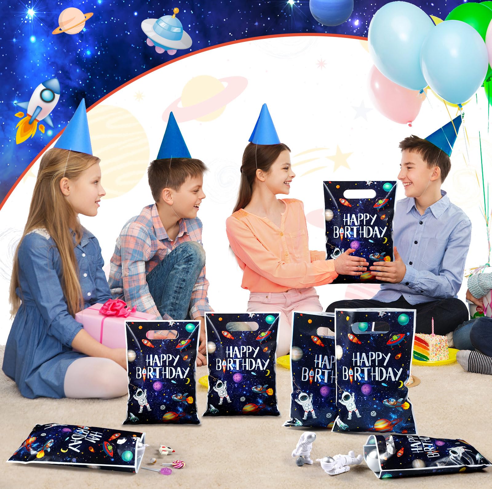 Bokon 50 Pcs Outer Space Birthday Bag Bulk Galaxy Plastic Gift Bags with Handle Planet Party Favor Bags Solar System Astronaut Candy Bags for Kids Birthday Space Theme Party Bags Supplies