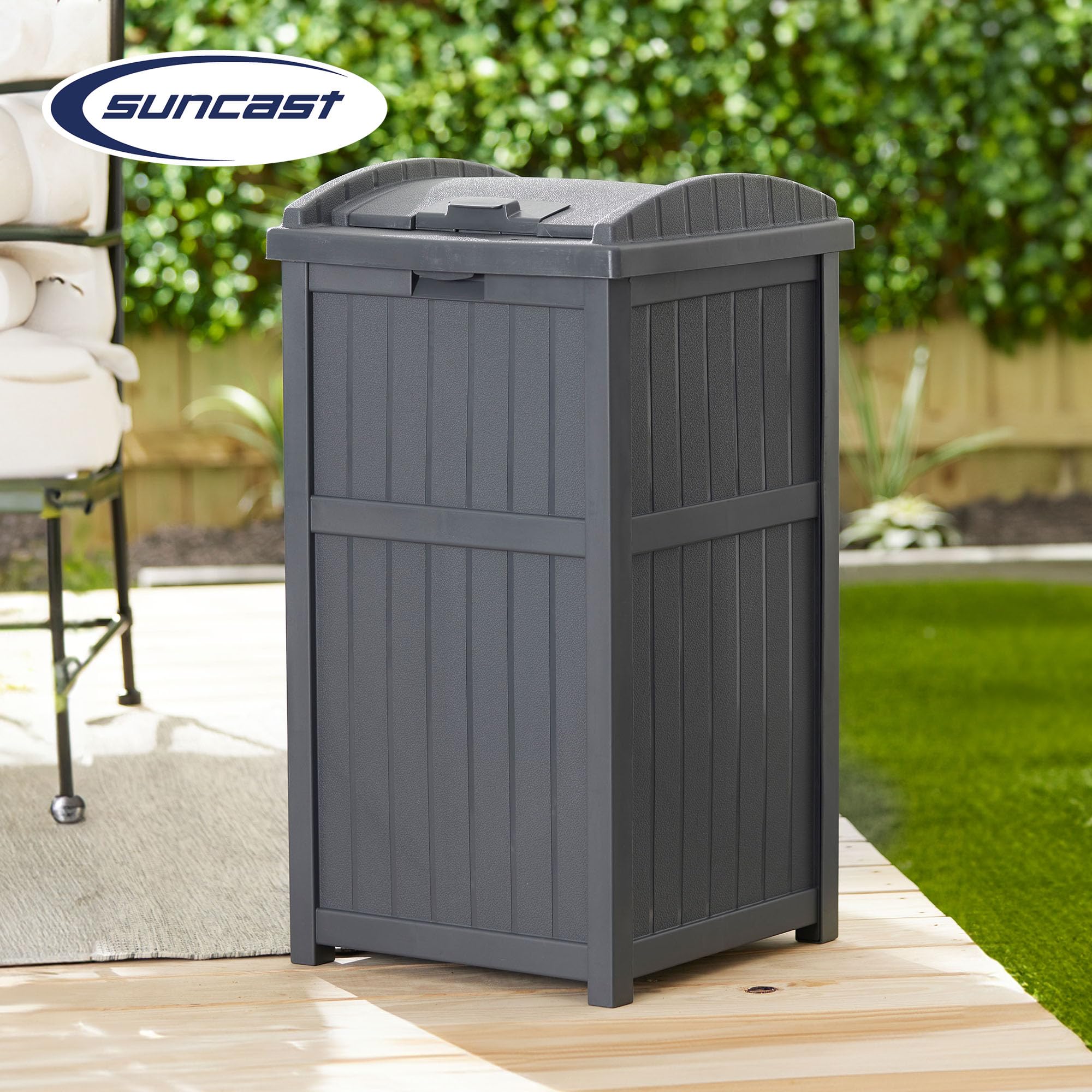 Suncast 22-Gallon Outdoor Patio Backyard Deck Box Storage Bench and 30-Gallon Hideaway Trash Waste Bin with Latching Lid, Cyberspace