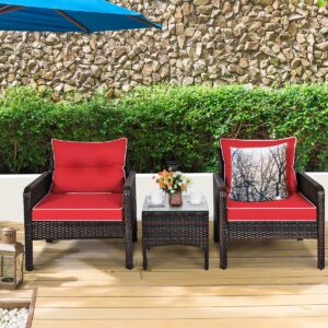 COSTWAY 3PCS Patio Furniture Set, Outdoor Wicker Cushioned Sofa Set with Coffee Table, All Weather Rattan Conversation Set for Garden Balcony Backyard Poolside Lawn, Red