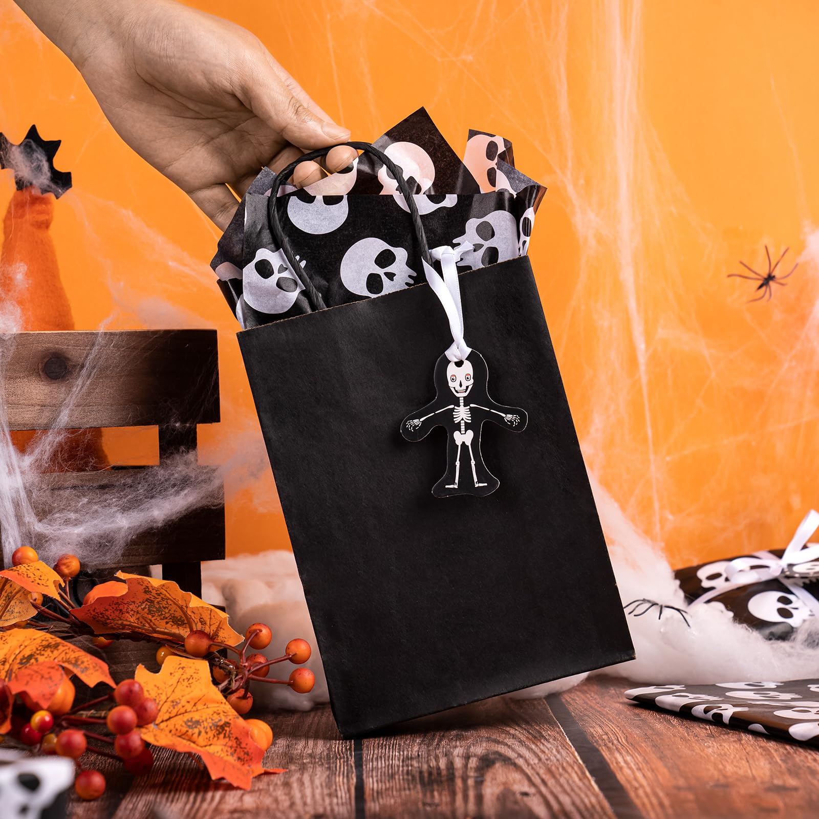 WRAPAHOLIC Halloween Wrapping Tissue Paper - 25 Sheets 19.7x27.5 Inch Black and White Skull Design Bulk for Packing, DIY Crafts