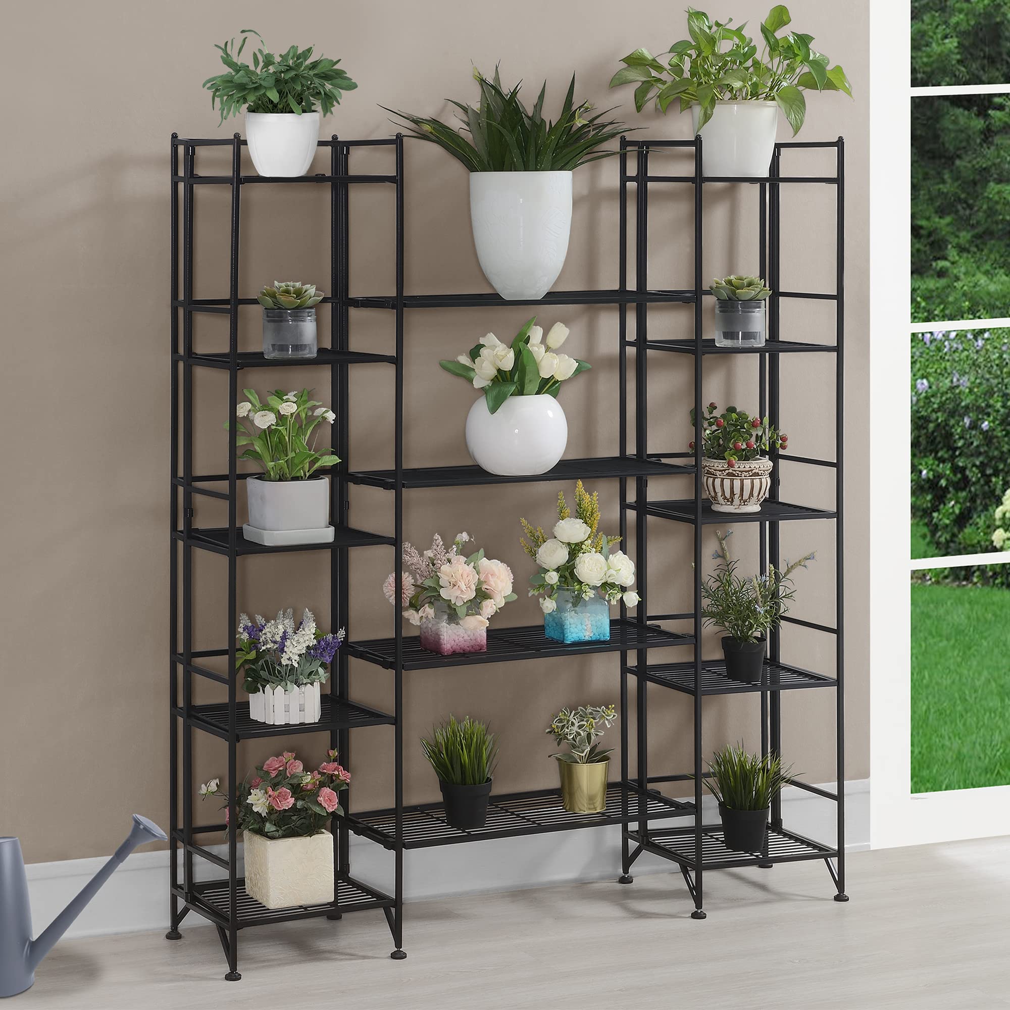 Convenience Concepts Xtra Storage Shelves - 5 Tier Folding Metal Shelving with Set of 4 Extension Shelves - Modern Shelves for Storage and Display in Living Room, Bathroom, Office, Black