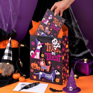 LeZakaa 13" Black Gift Bag with Tissue Paper, Gift Tag and Card, Skeleton Dog Design for Halloween, Holiday, Trick or Treat Party