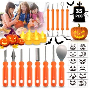 erosbon 35pcs pumpkin carving kit for kids & adult- professional stainless steel pumpkin carving tools & stencil& candles for halloween decoration jack o lantern pumpkin