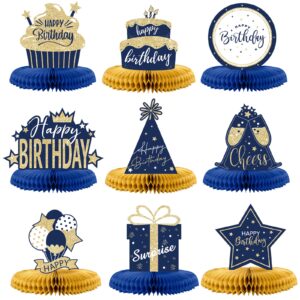 decorlife 9pcs blue gold birthday table decorations, happy birthday honeycomb centerpieces for kids men and women birthday party supplies