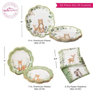 Kate Aspen 62 Piece Woodland Baby Shower Tableware Party Kit - 7 inch (16x) & 9 inch (16x) Heavy Duty Disposable Plates, Durable Paper Napkins (30x)