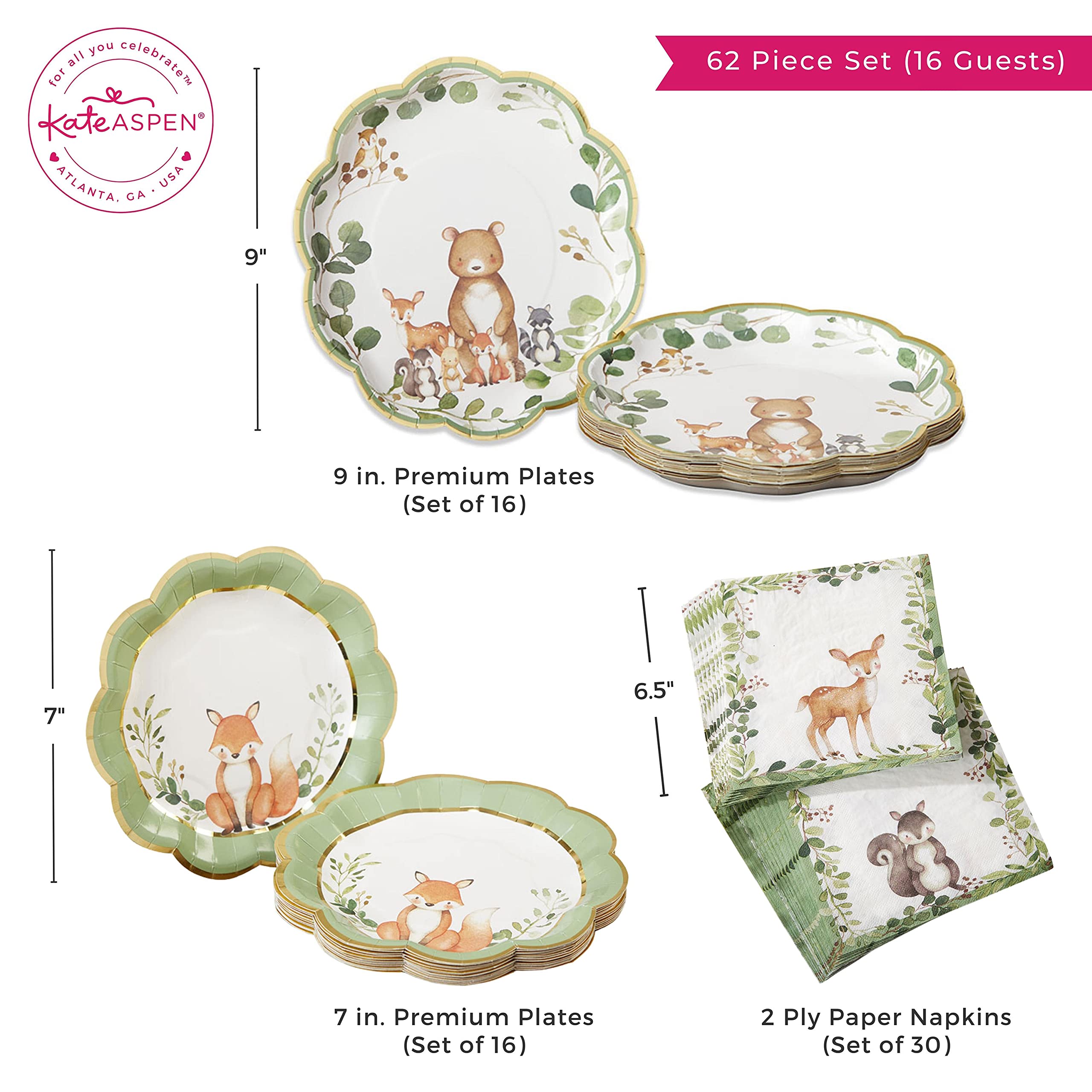 Kate Aspen 62 Piece Woodland Baby Shower Tableware Party Kit - 7 inch (16x) & 9 inch (16x) Heavy Duty Disposable Plates, Durable Paper Napkins (30x)