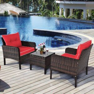 COSTWAY 3PCS Patio Furniture Set, Outdoor Wicker Cushioned Sofa Set with Coffee Table, All Weather Rattan Conversation Set for Garden Balcony Backyard Poolside Lawn, Red