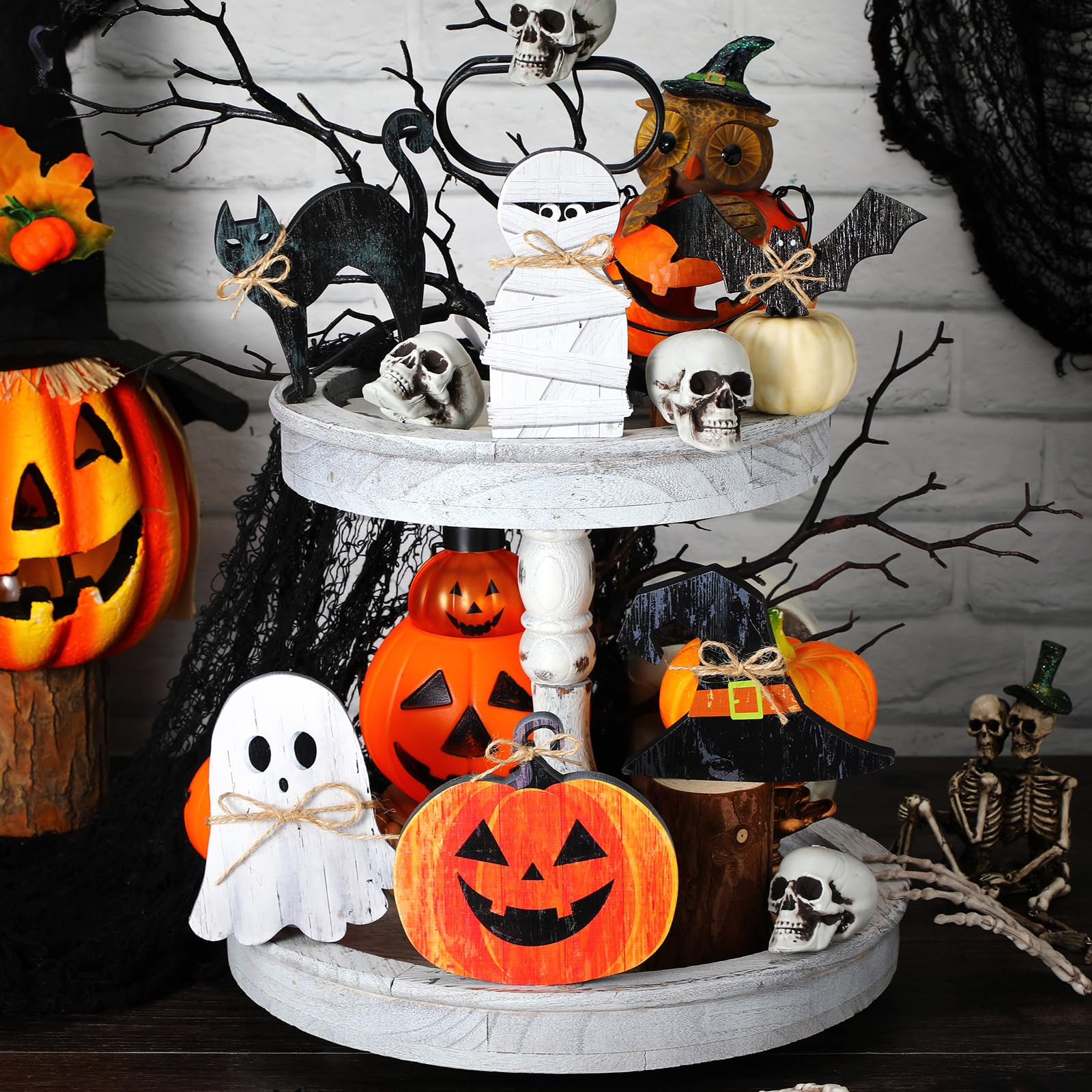 Leinuosen 6 Pcs Halloween Tiered Tray Decor Halloween Decorations Cat Mummy Ghost Wooden Sign Pumpkin Witch Tiered Tray Decor Items Farmhouse Rustic Standing for Home Table Centerpiece Party Favors