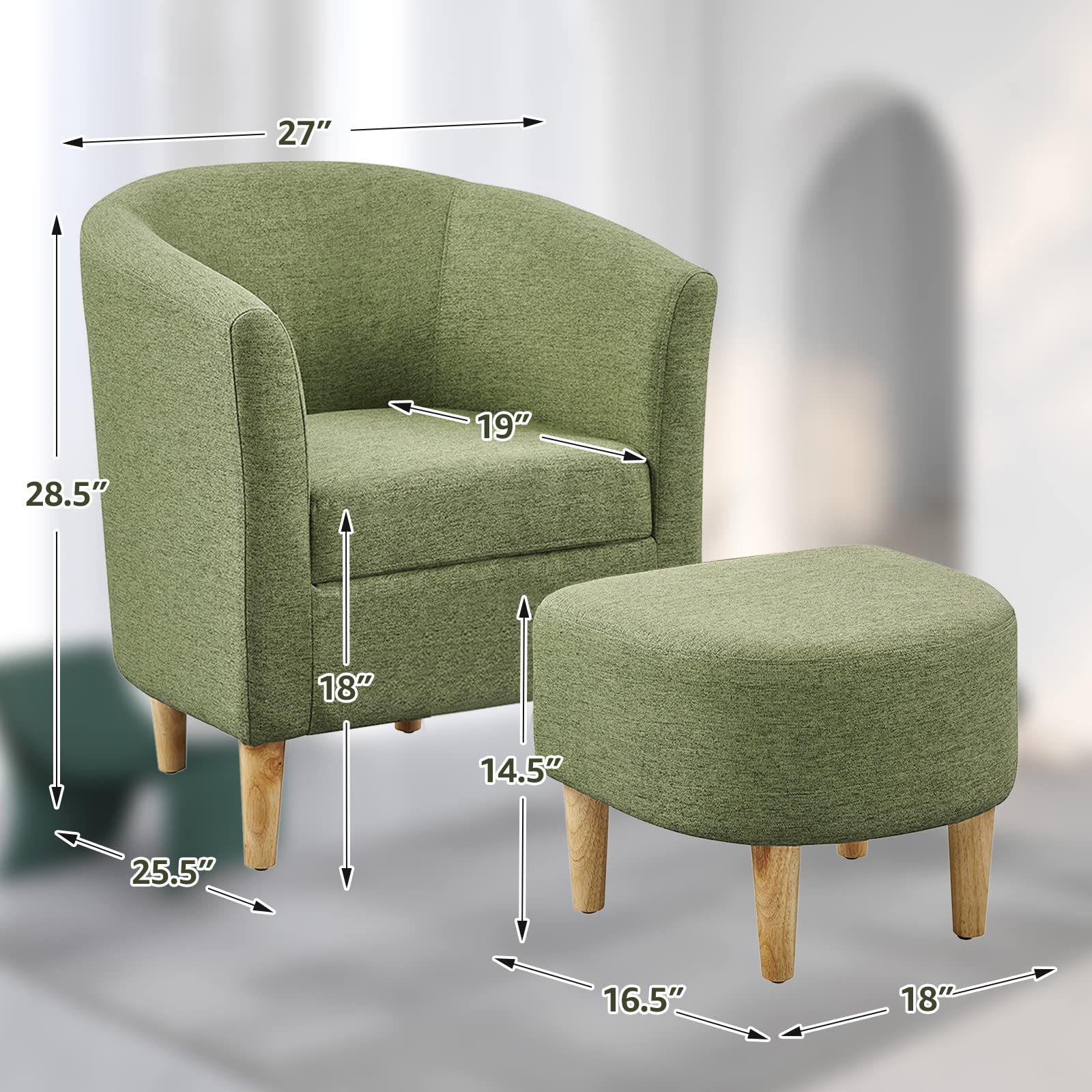 DAZONE Mid Century Modern Chair, Accent Chair Barrel with Ottoman Comfy Arm Footrest Set Comfortable Living Room Chairs Upholstered Round Club Tub Sofa for Bedroom Reading Green, Set of 1