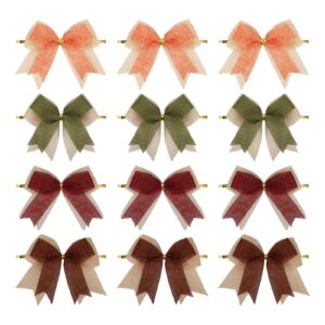 meseey 12 pcs fall burlap ribbon bows 4 inch burgundy/orange/sage/brown fall bow for holiday fall wreath diy crafts home decoration (fall)