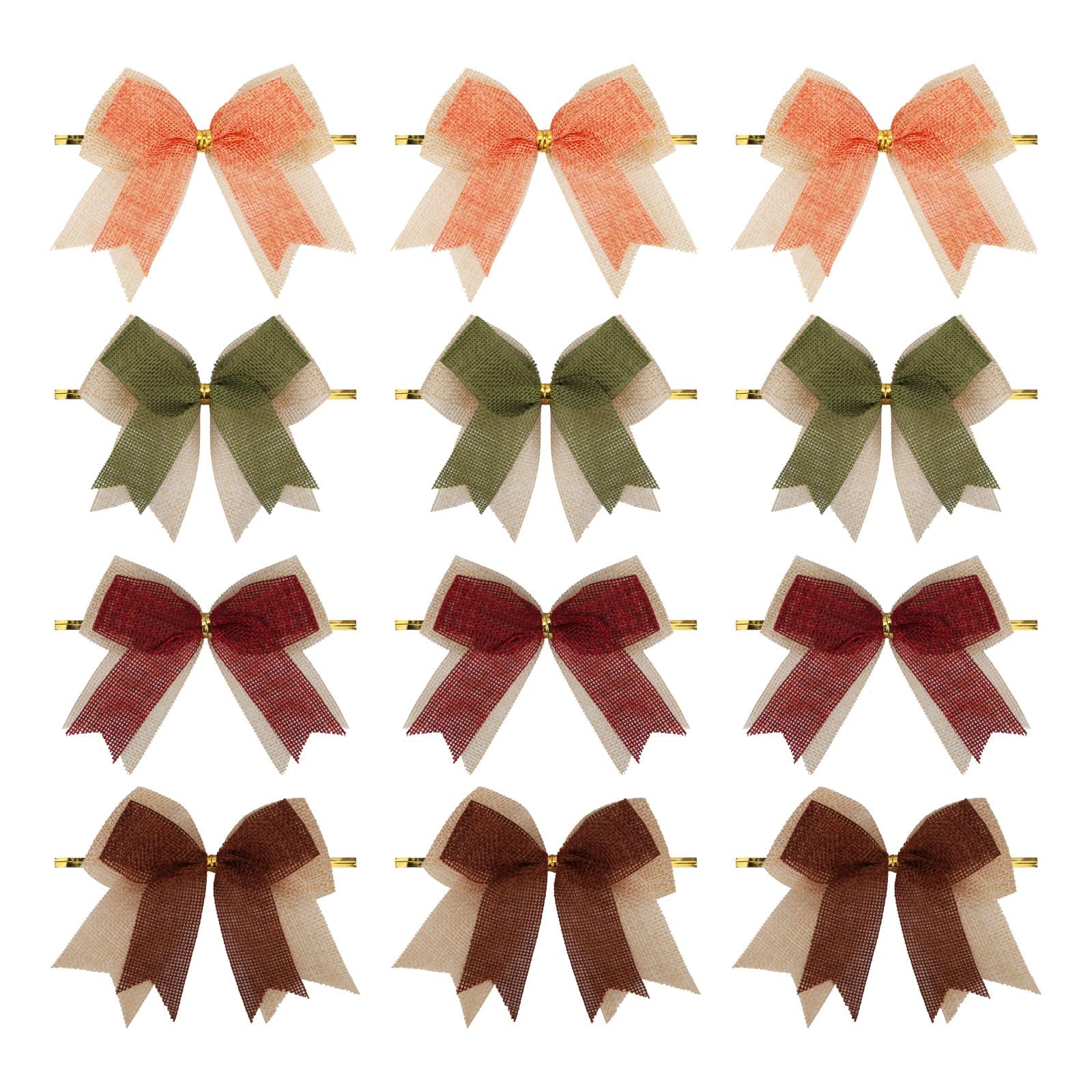 Meseey 12 Pcs Fall Burlap Ribbon Bows 4 Inch Burgundy/Orange/Sage/Brown Fall Bow for Holiday Fall Wreath DIY Crafts Home Decoration (Fall)